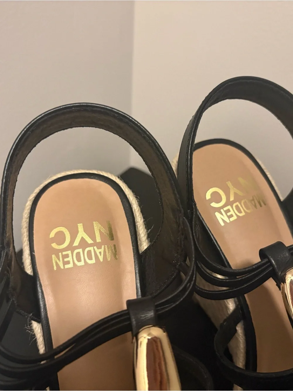 NYC Madden Black Wedge Sandals with Gold Accents - Women